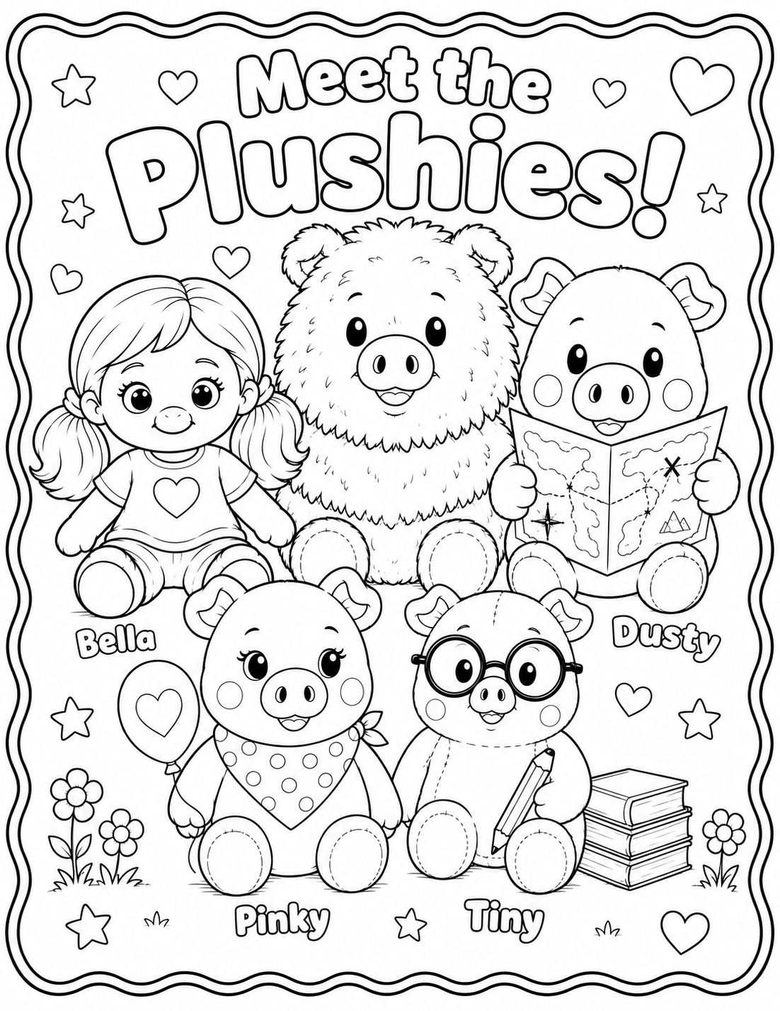 Plushies coloring page preview